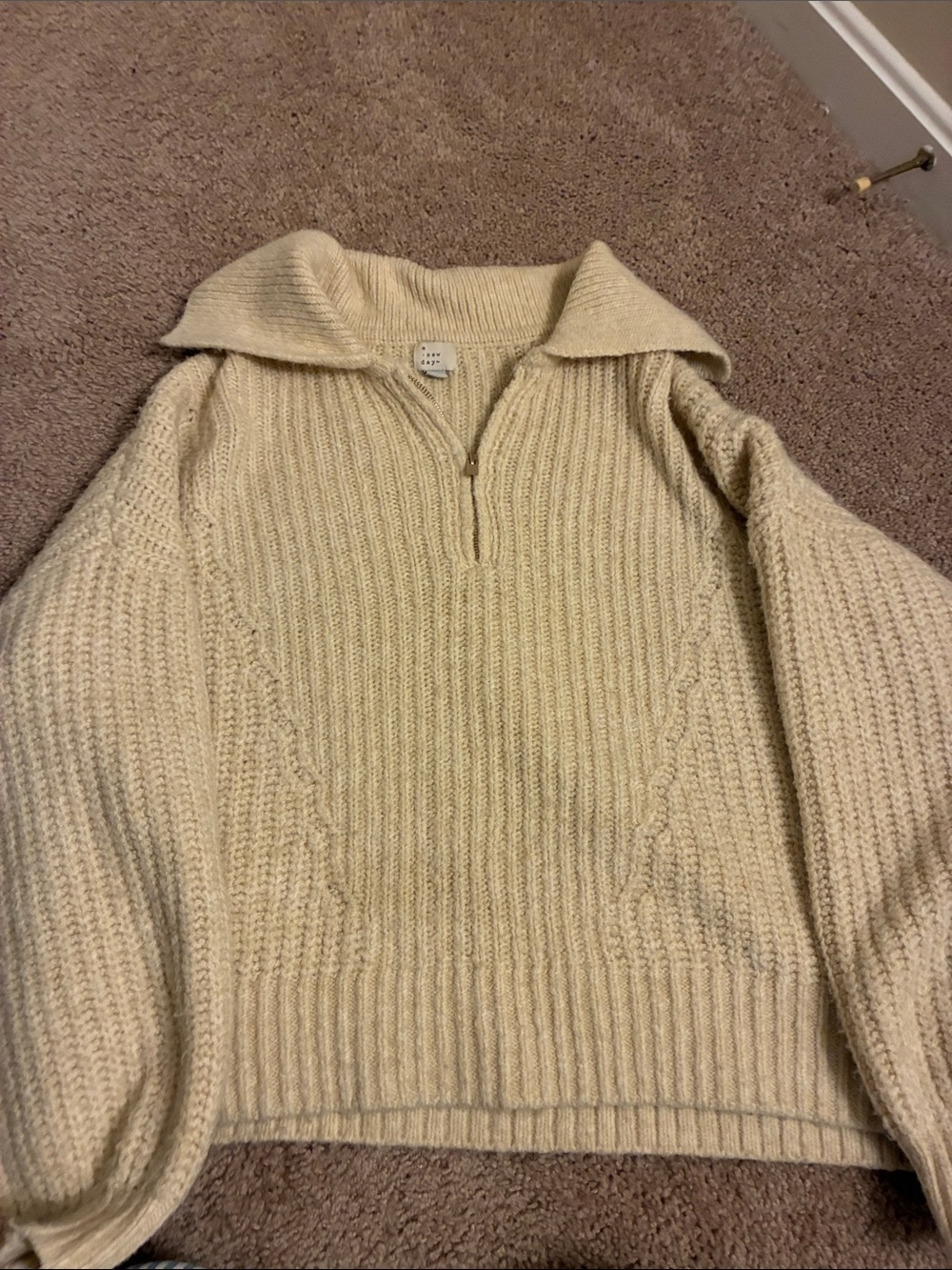 Cream Half-Zip Ribbed Knit Sweater with Collar oversized women’s large